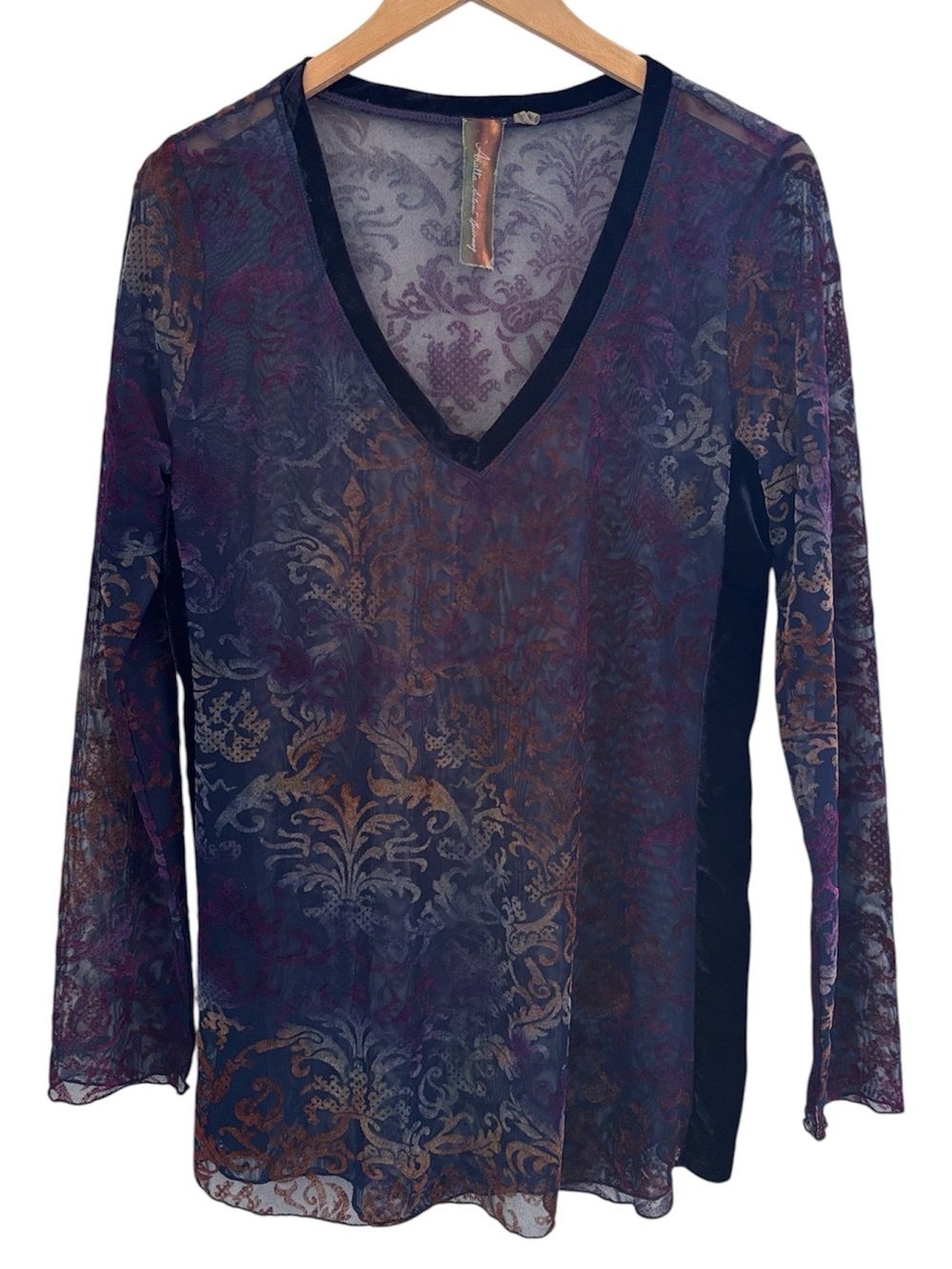 Aratta Silent Journey Colorful Burnout Velvet Sheer Long Sleeve Top Medium Boho